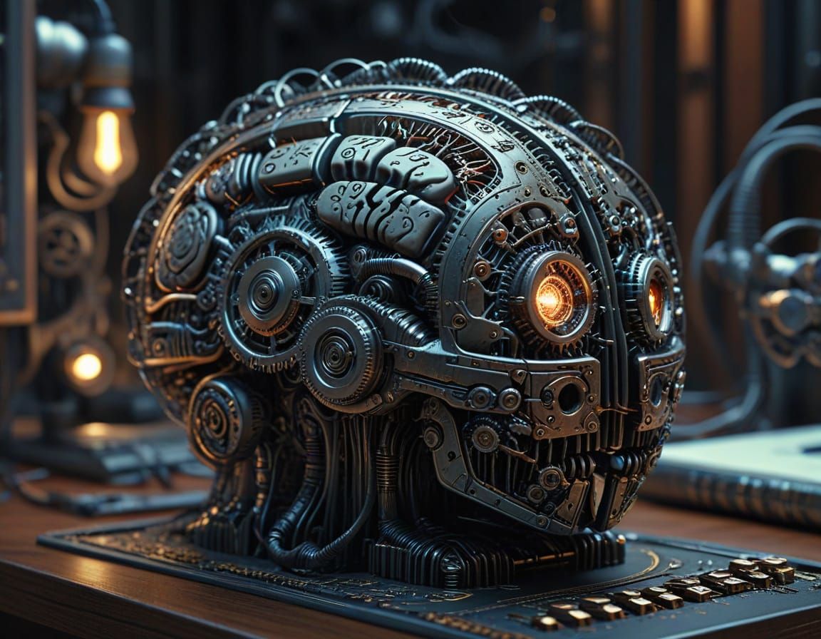 Intricate Mechanical Brain with Gears and Wires