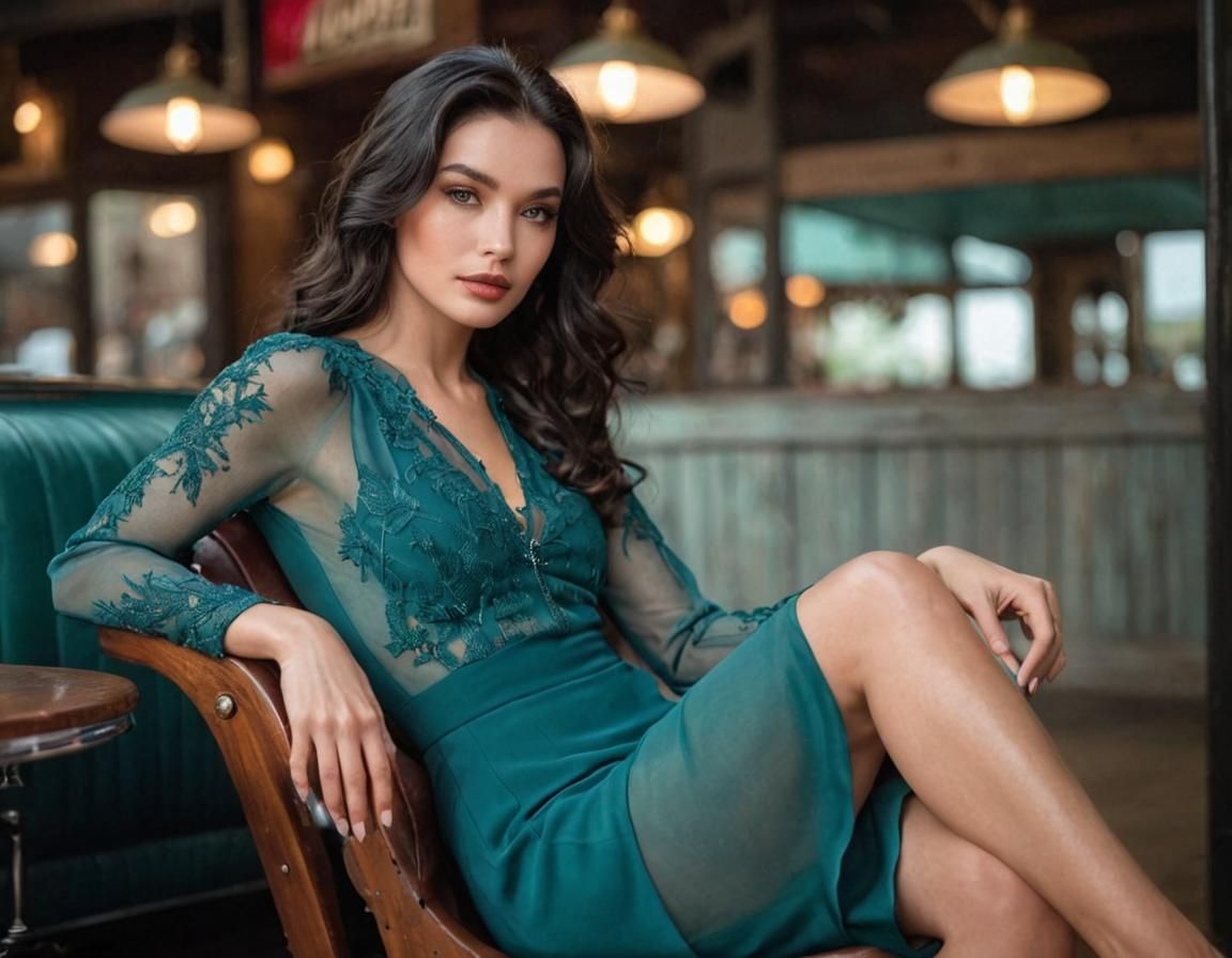 Teal Beauty: Art Nouveau Scene with Vintage Car