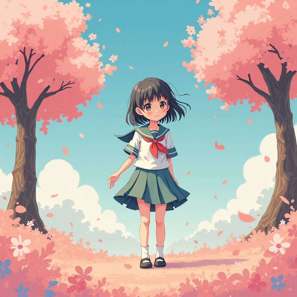Dreamlike Japanese Schoolgirl in Watercolor Anime Style