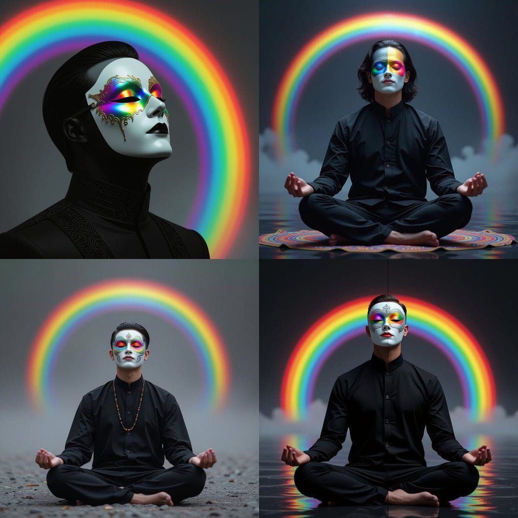 Meditating Man with Rainbow Mask and Light