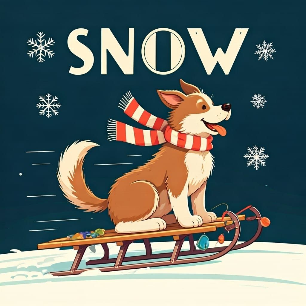 Joyful Dog Rides Sled on Dark Blue Winter Night Sky