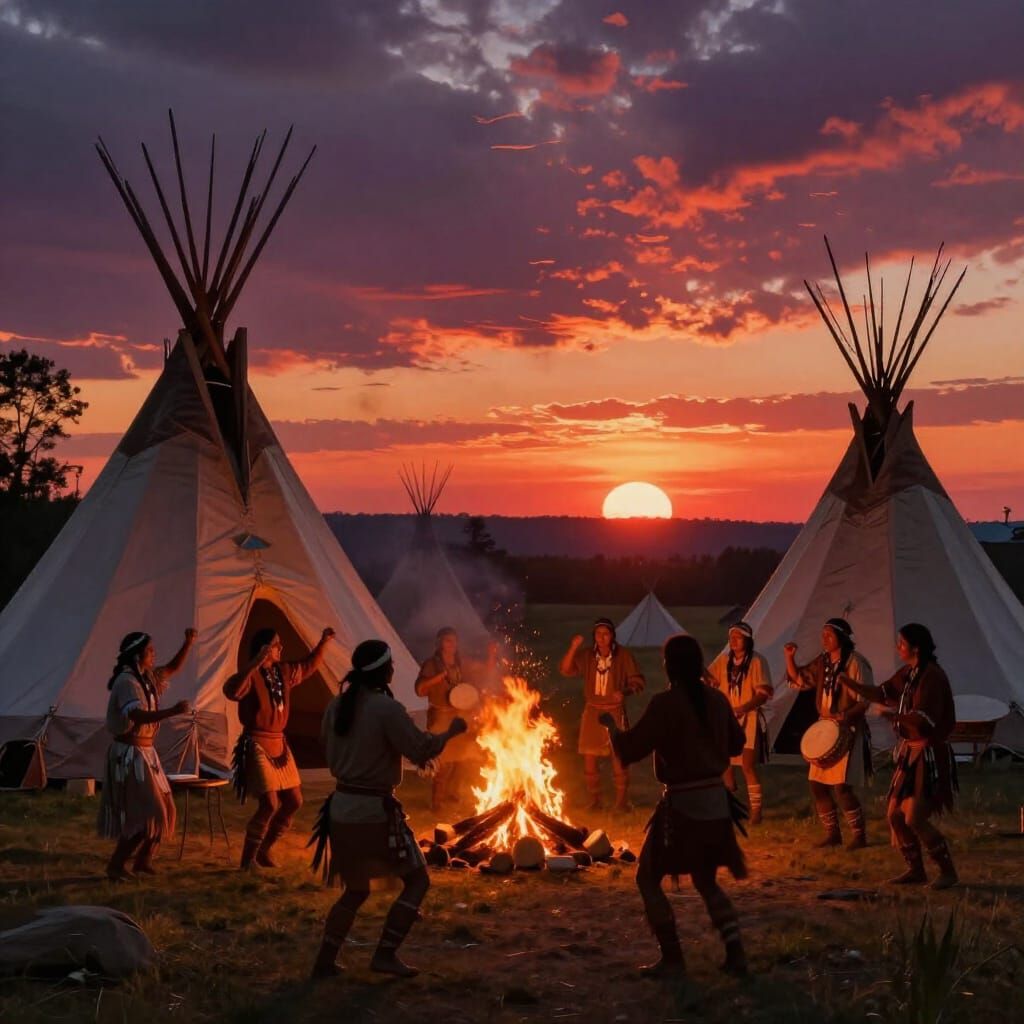 Native American Camp Sunset Dance in Romantic Painterly Styl...
