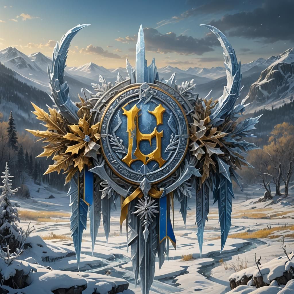 Detailed Ice Emblem with Ukraine Conflict, Fantasy Art