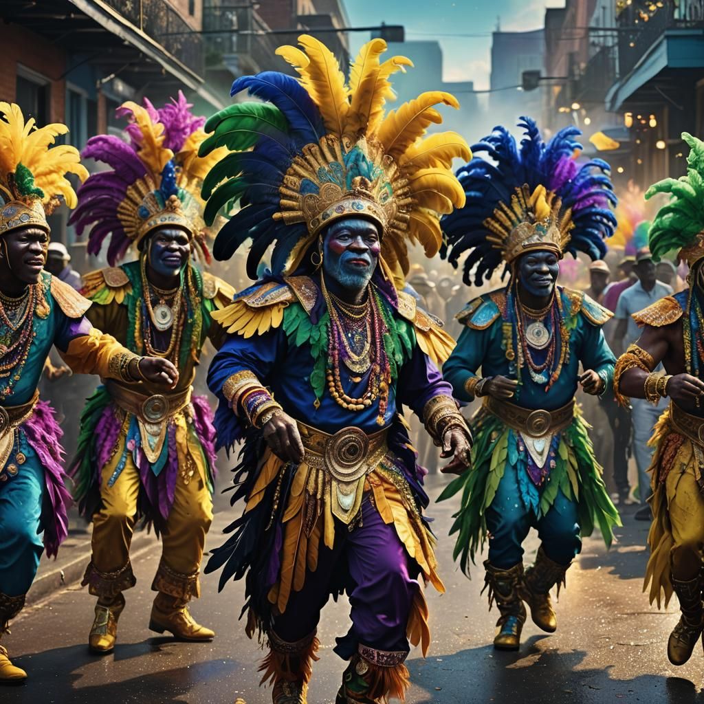 Hyperrealistic New Orleans Mardi Gras Indians in Vibrant Fan...