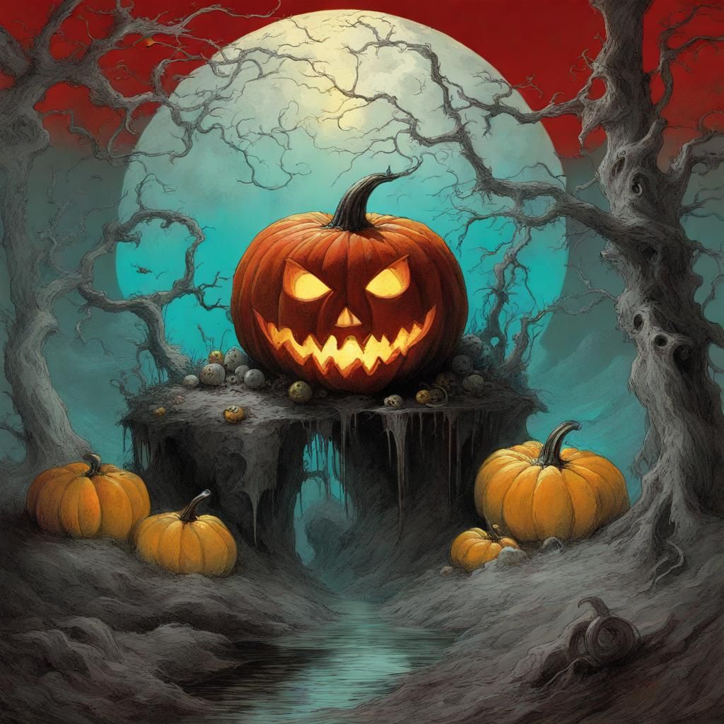 Spooky Halloween Pumpkin in Wood Engraving Style