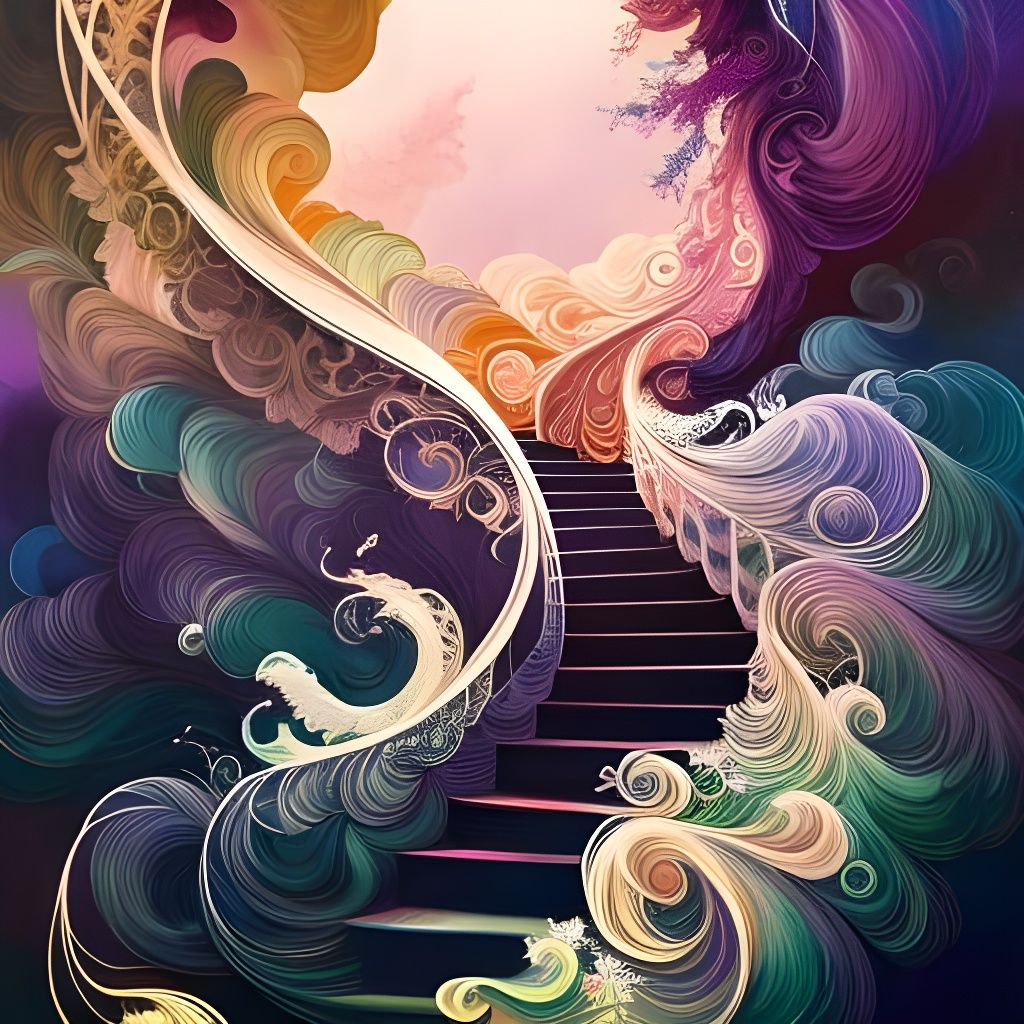 Neo-Victorian Staircase Ascending Through Swirling Clouds