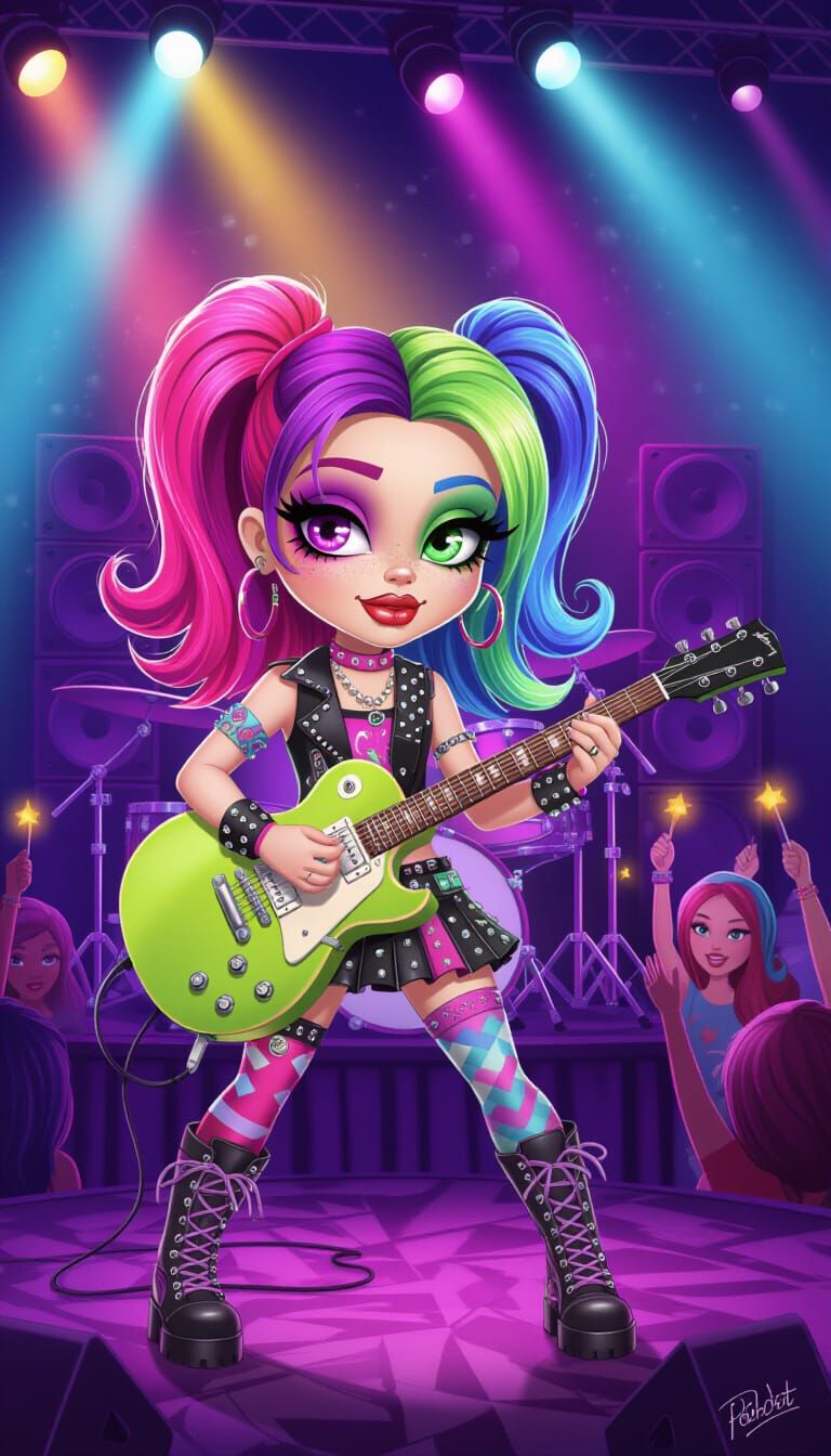 Cute Emo Girl Rocks Out on Stage in Whimsical Illustration