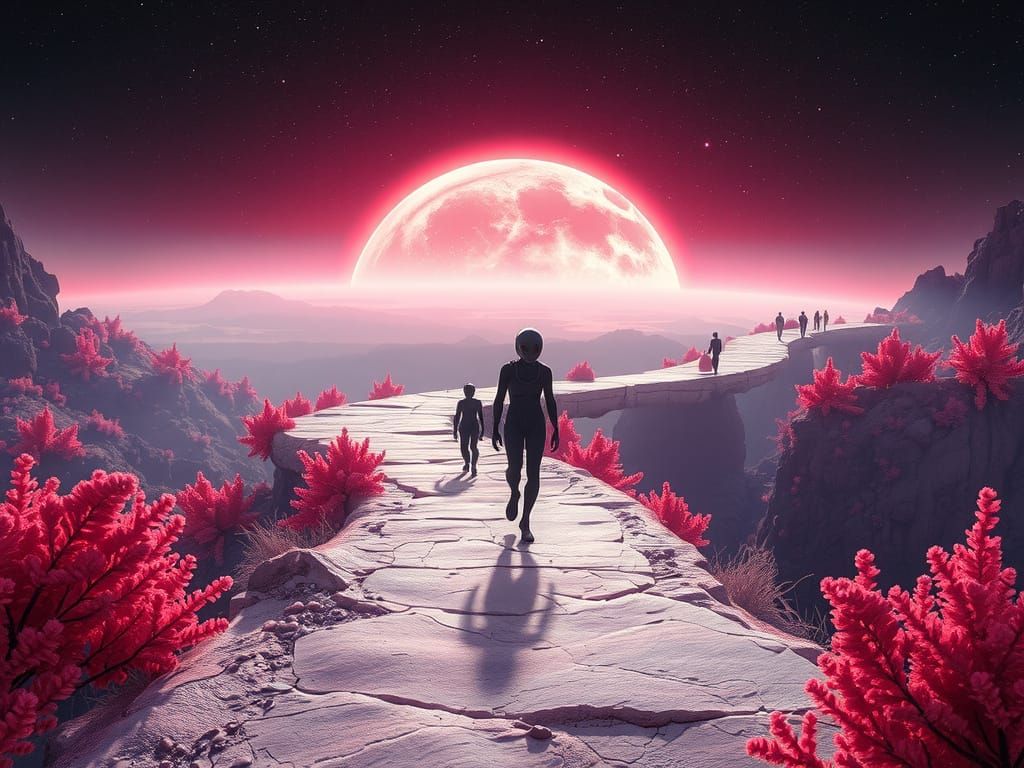 Glowing Alien Beings on a Cosmic Pathway