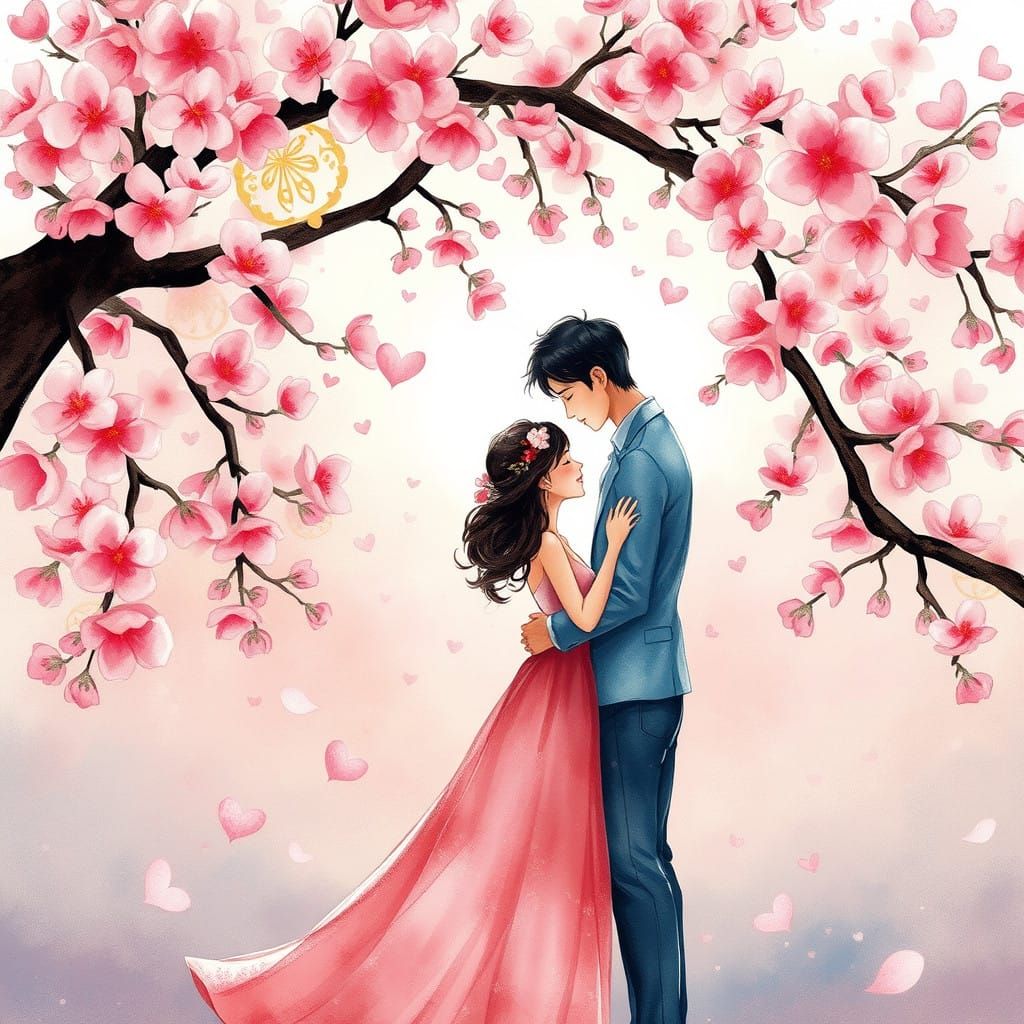 Romantic Cherry Blossom Embrace in Whimsical Watercolor