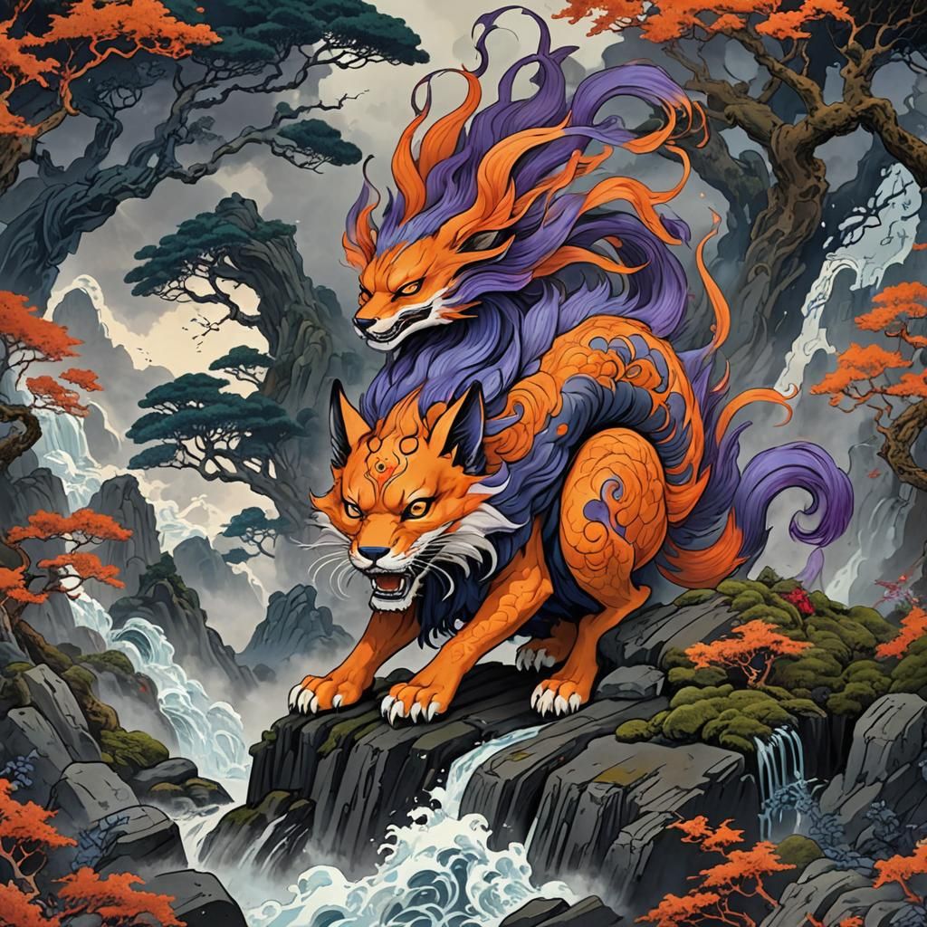 Mystical Nine-Tailed Fox Spirit in Japanese Fantasy Style