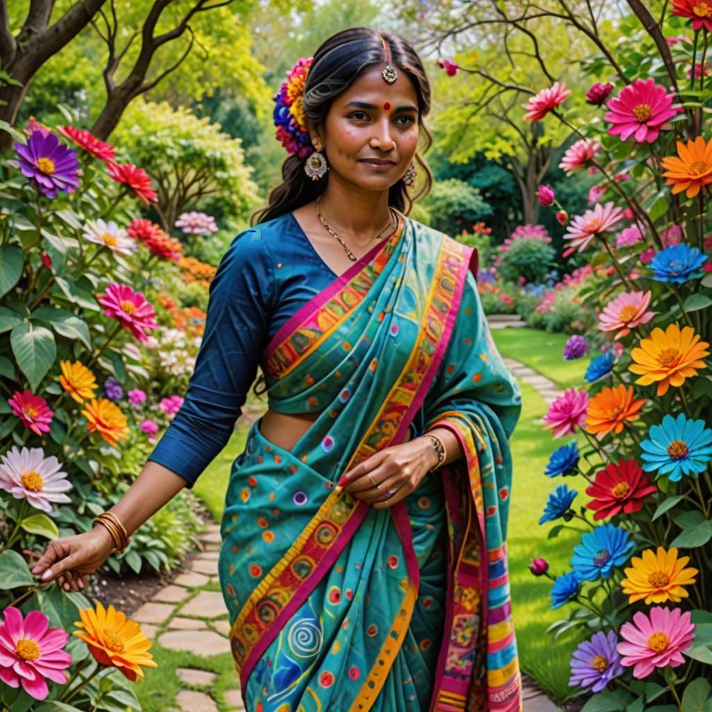 Sari Wearing Indian Goddess Surrounded by Vibrant Spring Blo...