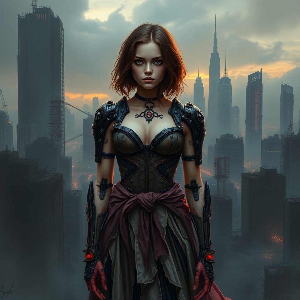 Cyberpunk Gothic Cyborg Goddess in Ruined Twilight Landscape
