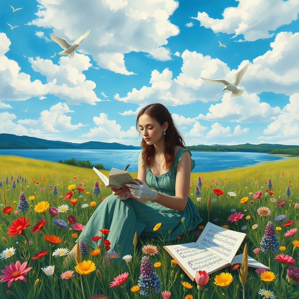 Whimsical Woman in Vibrant Meadow, Inspired by Artistic Visi...