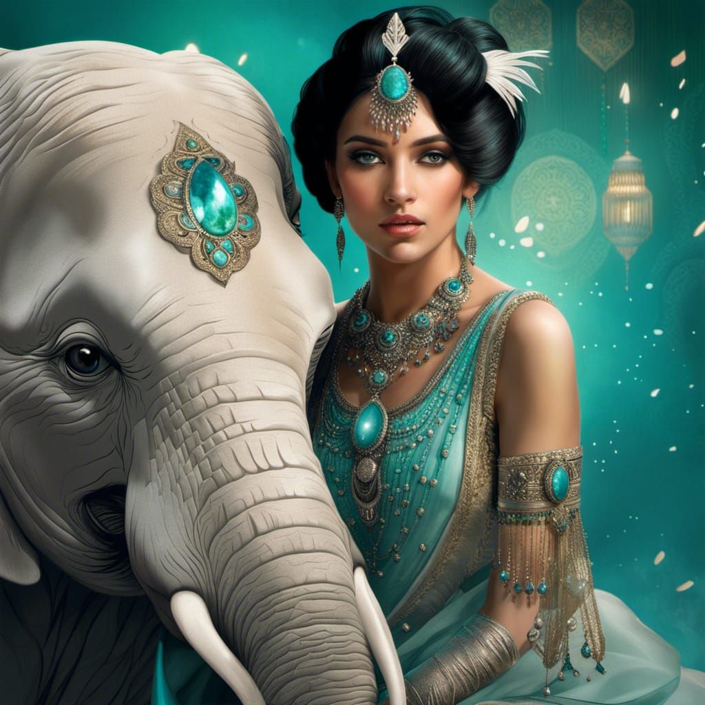 Indian Princess with Ornate Elephant in Turquoise Metallic S...