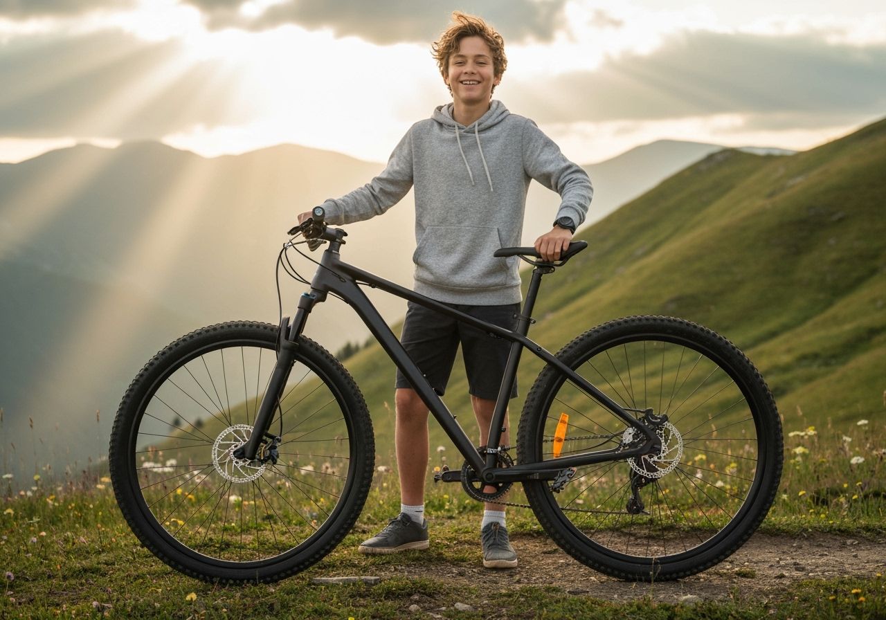Boy and His New Mountain Bike at Golden Hour