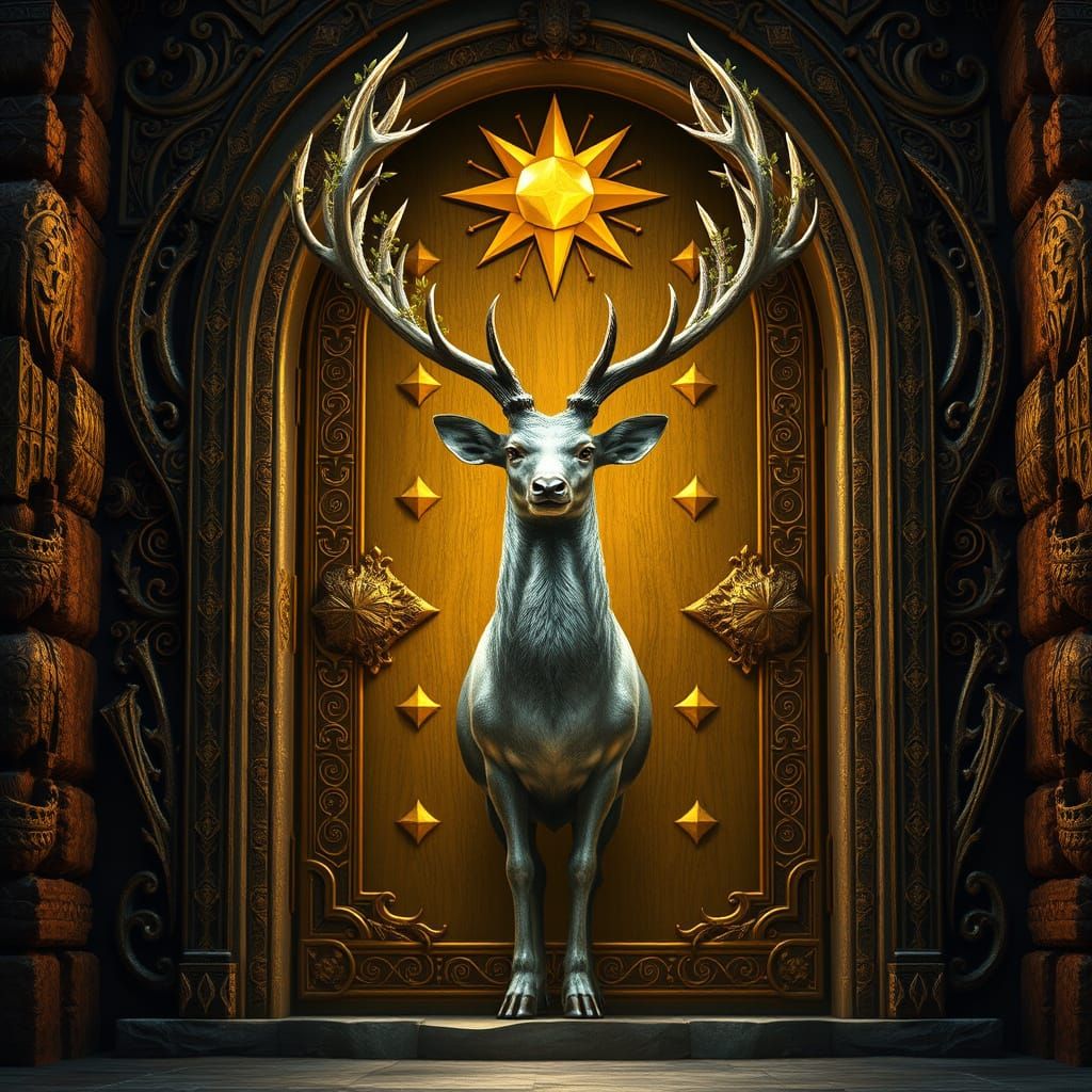 Majestic Stag Golden Door in Dark Fantasy Style
