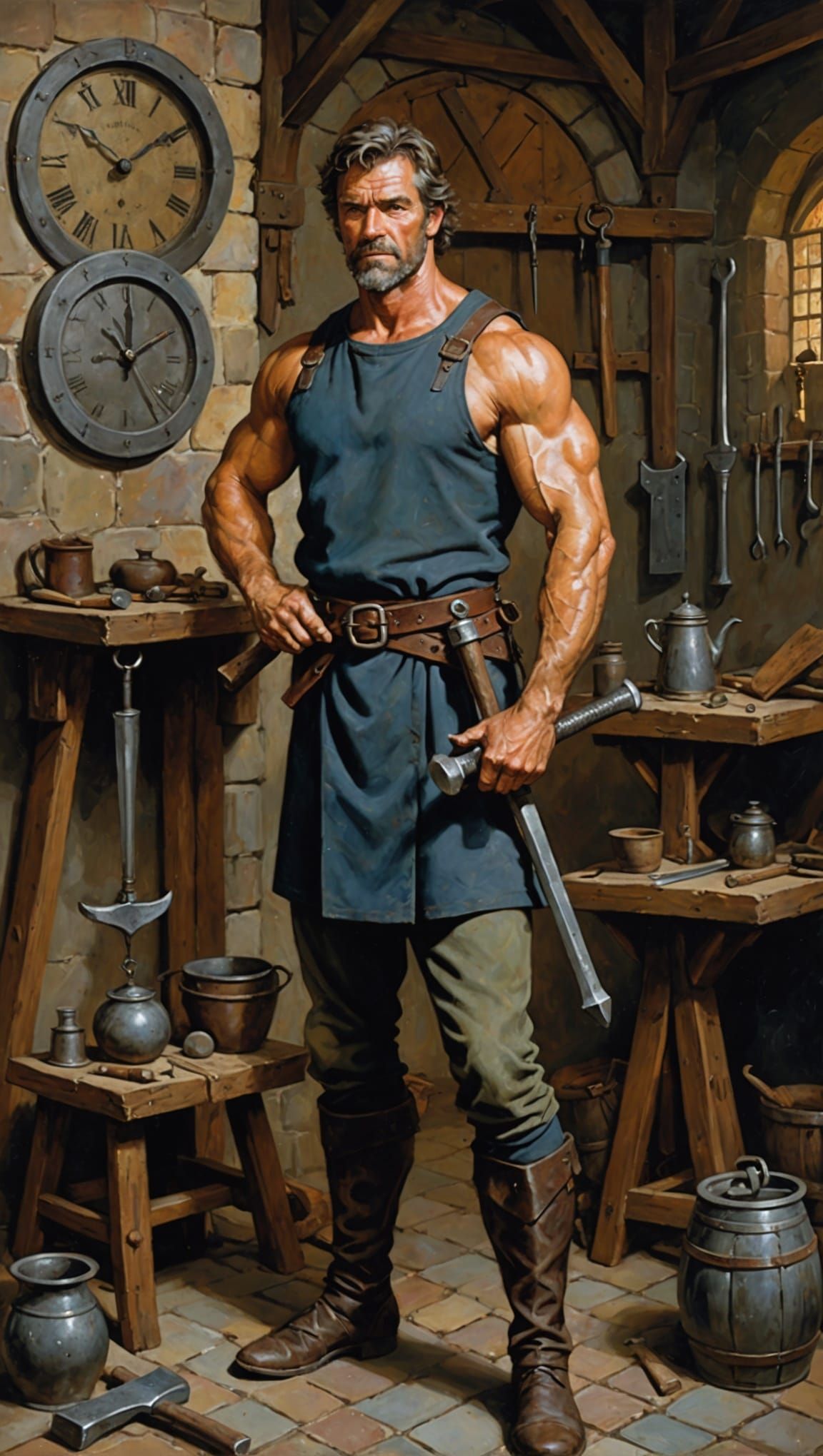 Symbolist Portrait of a Blacksmith with Hammer and Clock