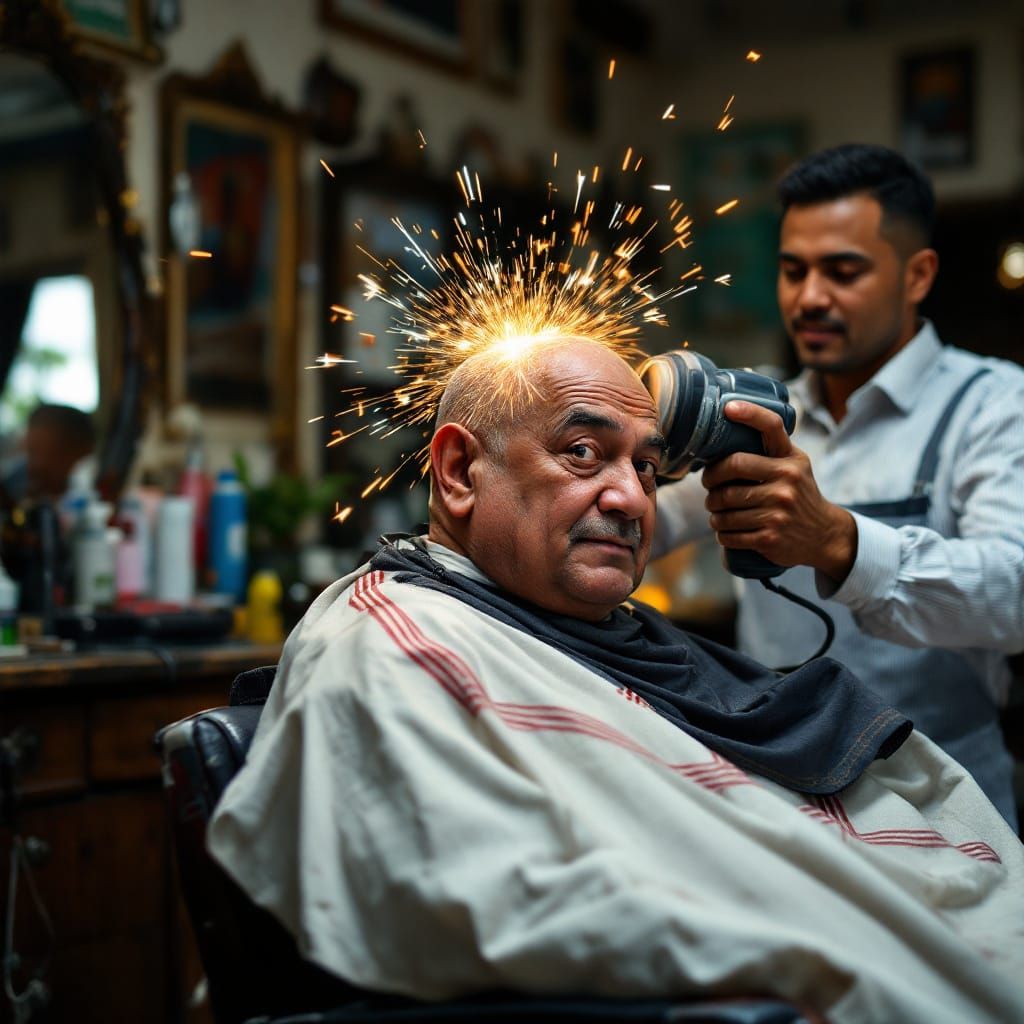 Humorous Barbershop Scene with Power Sander