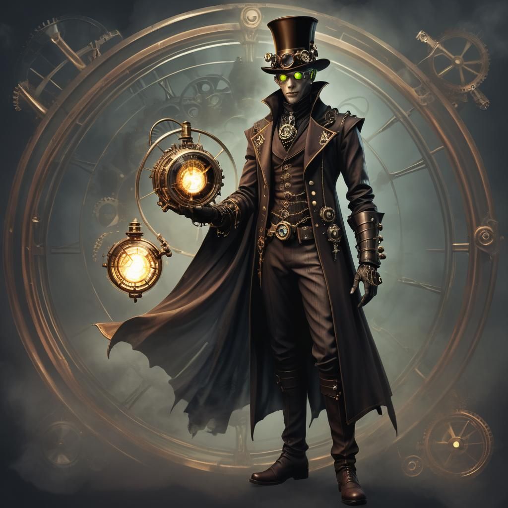A steampunk style transparent Warlock with dark fantasy back...