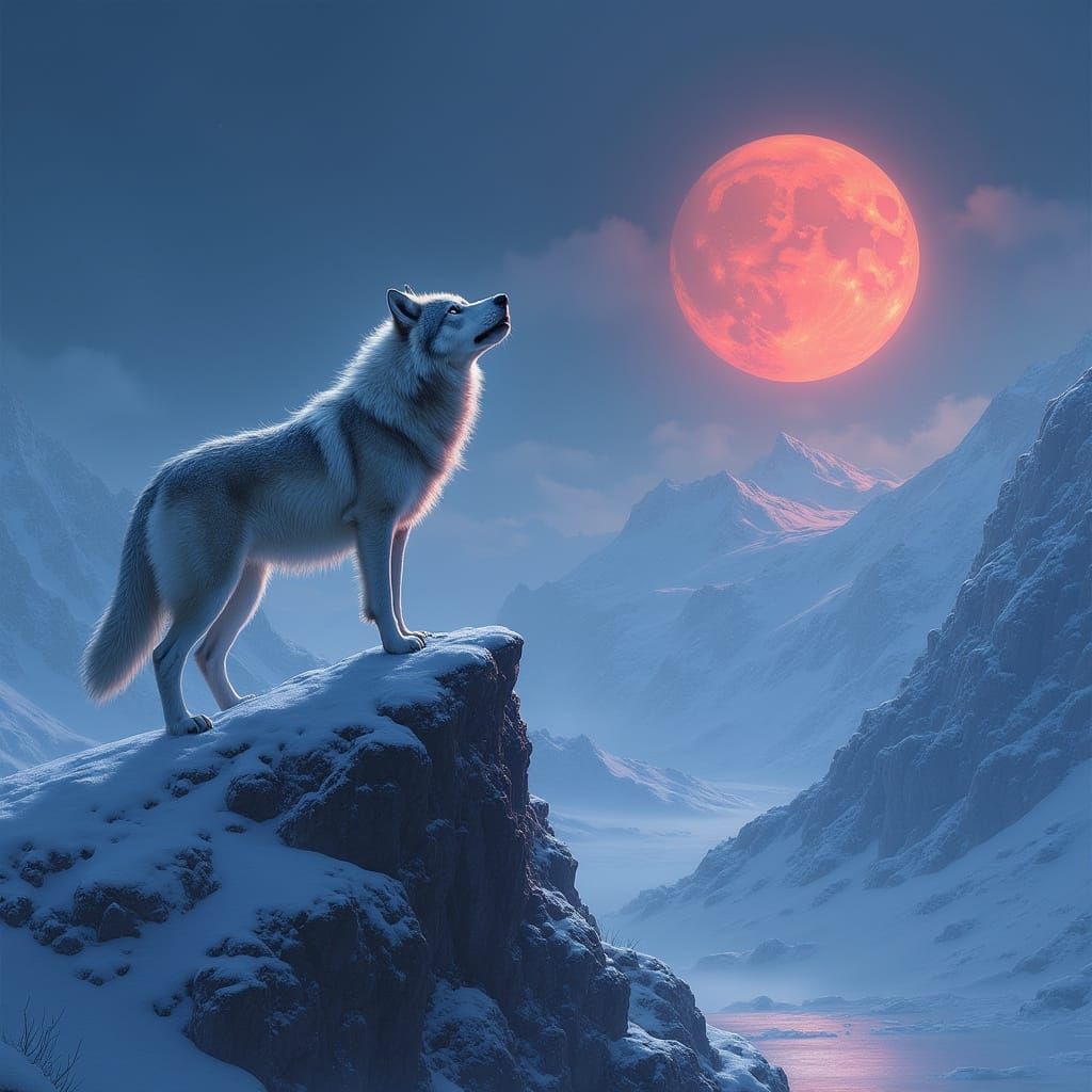 Majestic Wolf King Surveys Snowy Realm Under Crimson Moon