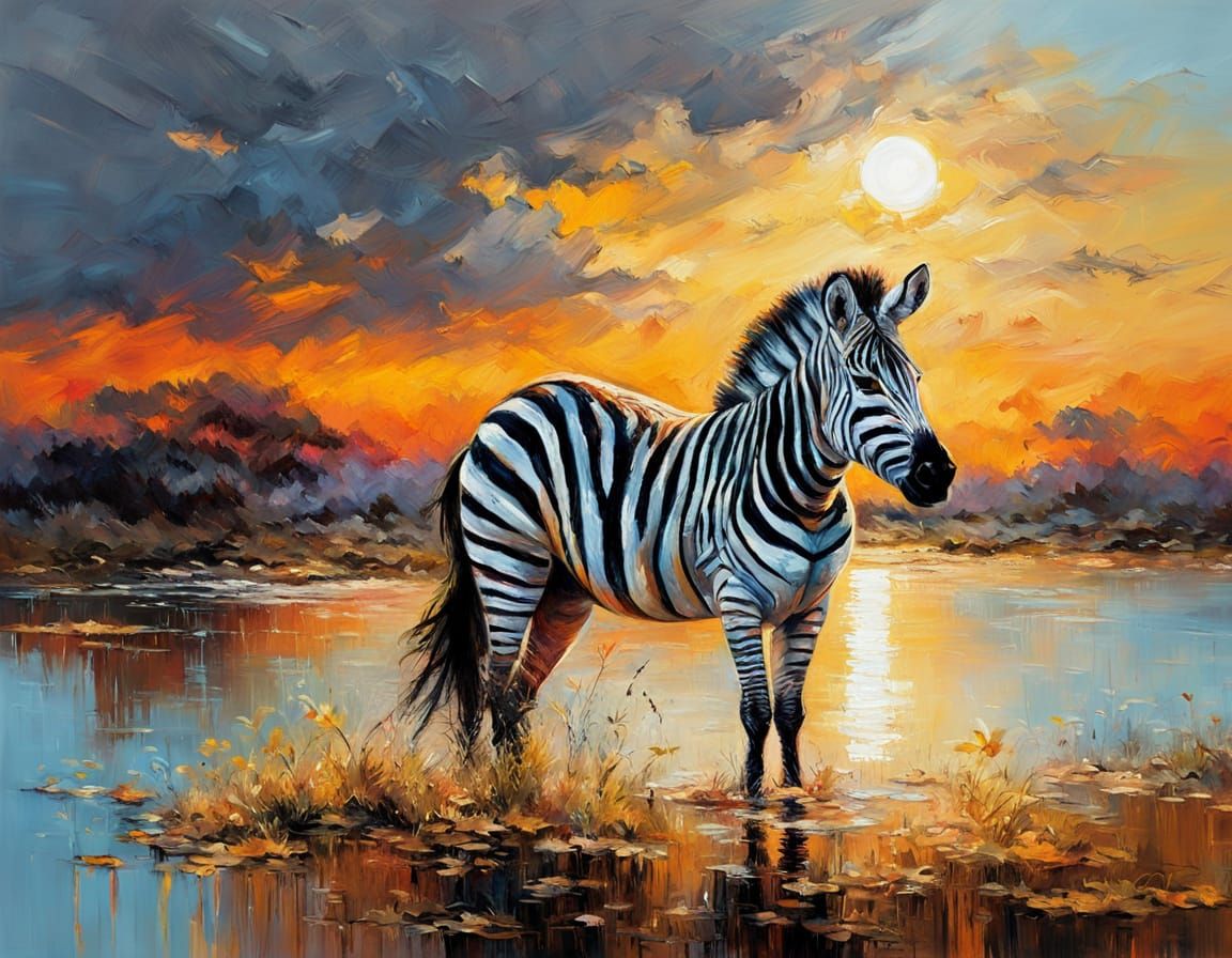 Impressionist Oil Painting of a Zebra at Sunset