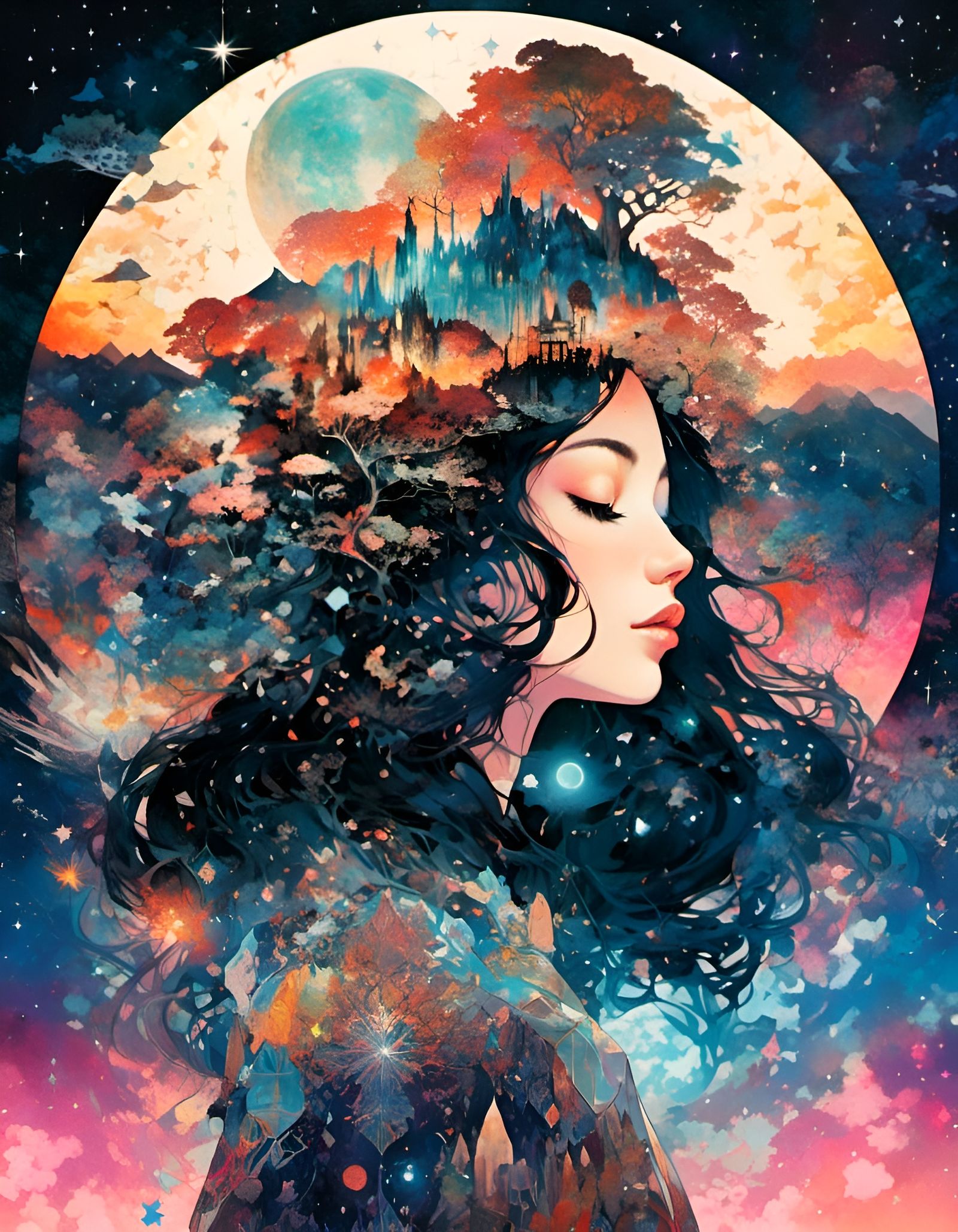 Night Princess Double Exposure Portrait in Manhwa Style