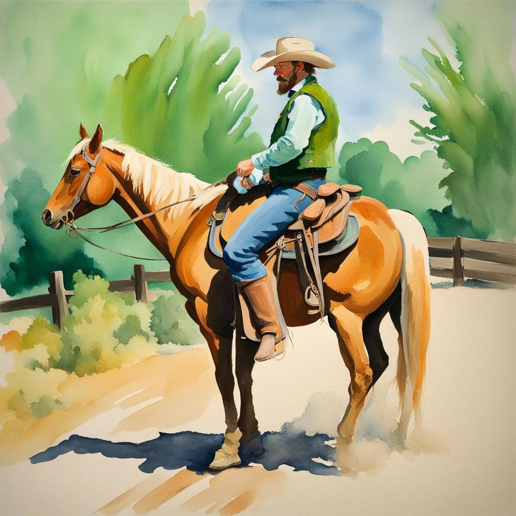 Cowboy Arriving to Town: Gouache Impressionist Painting