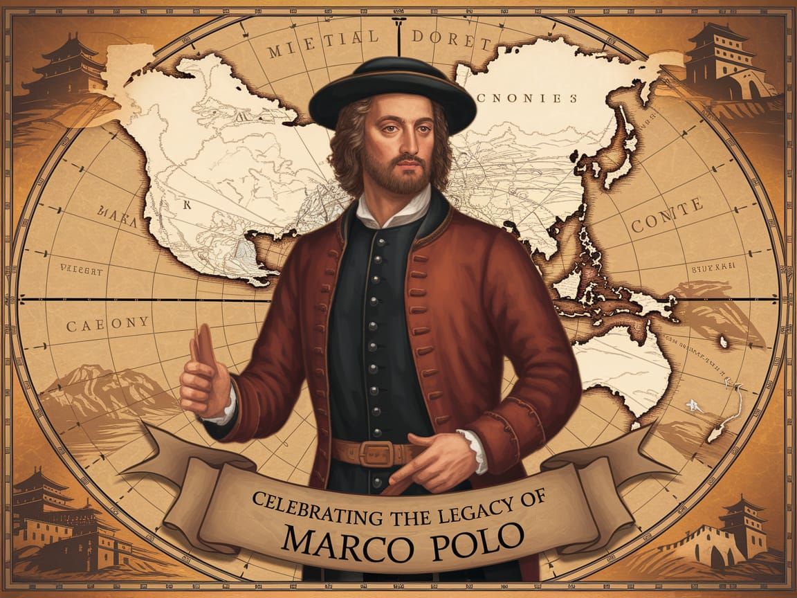 Marco Polo Portrait on Silk Road Map