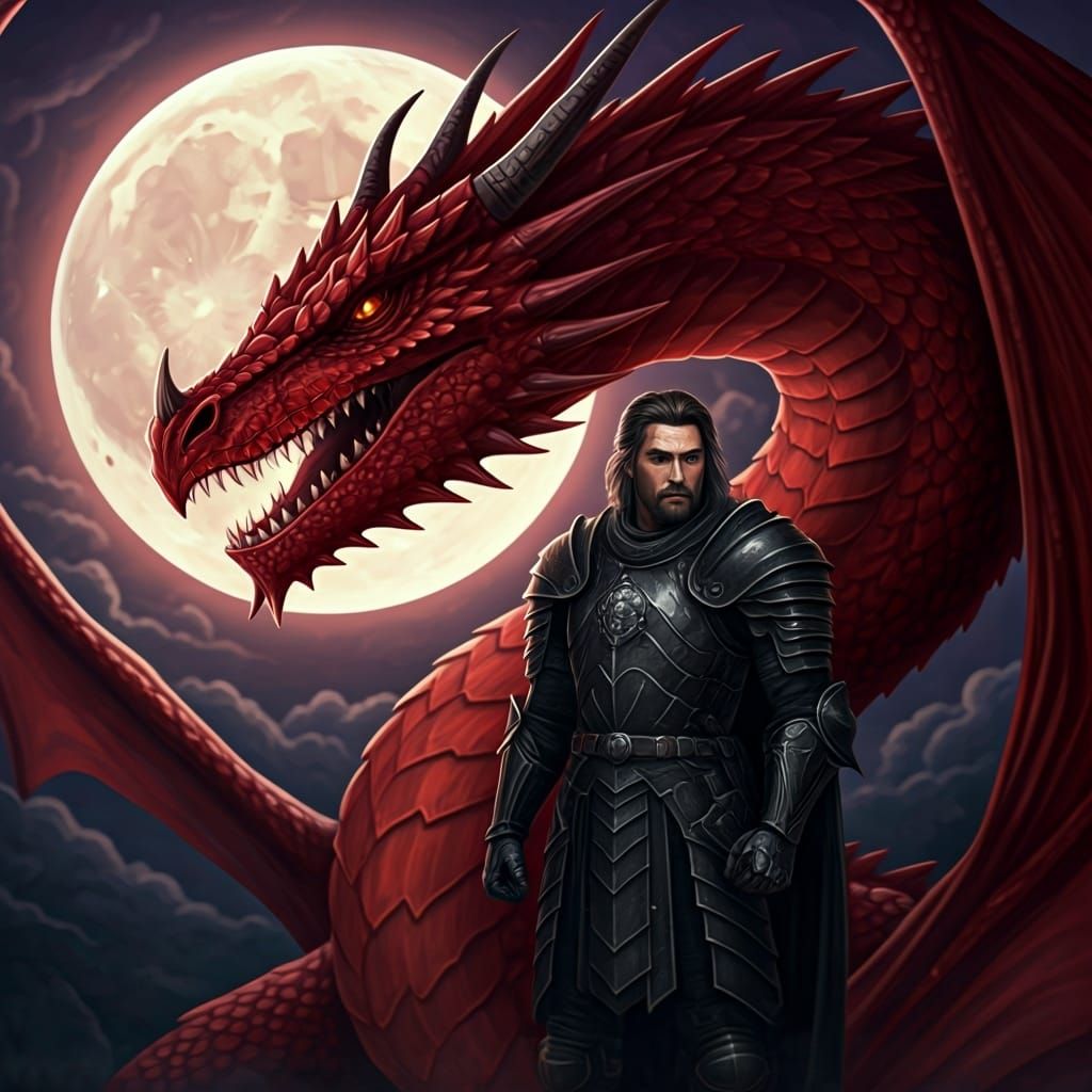 Knight and Dragon Under the Moonlight