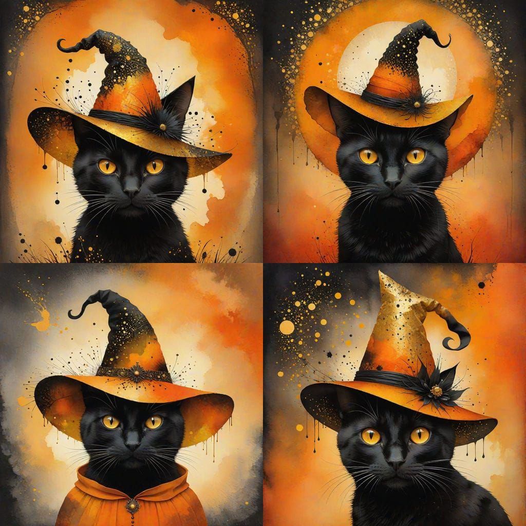 Surreal Whimsy in Vibrant Colors: Black Cat in Witch Hat