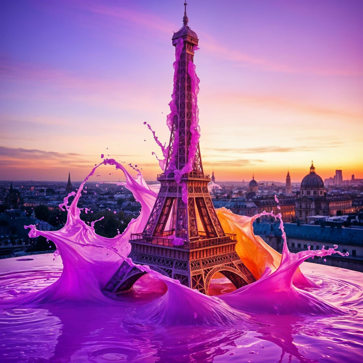 Eiffel Tower Emerges in Surreal Liquid Sunset