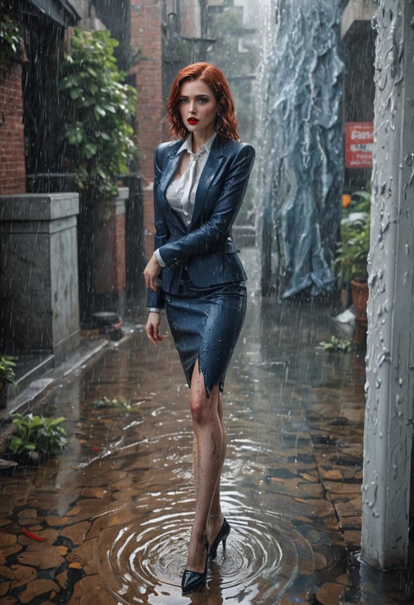 Glamorous Woman in Wet Skirt-Suit: Detailed Matte Painting