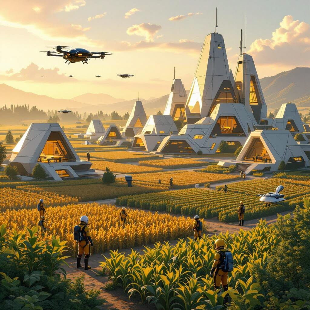 Futuristic Agri-City at Dawn with Drone Farming