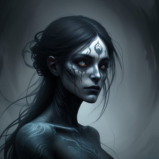 Ethereal Banshee Concept Art with Swirling Tattoos