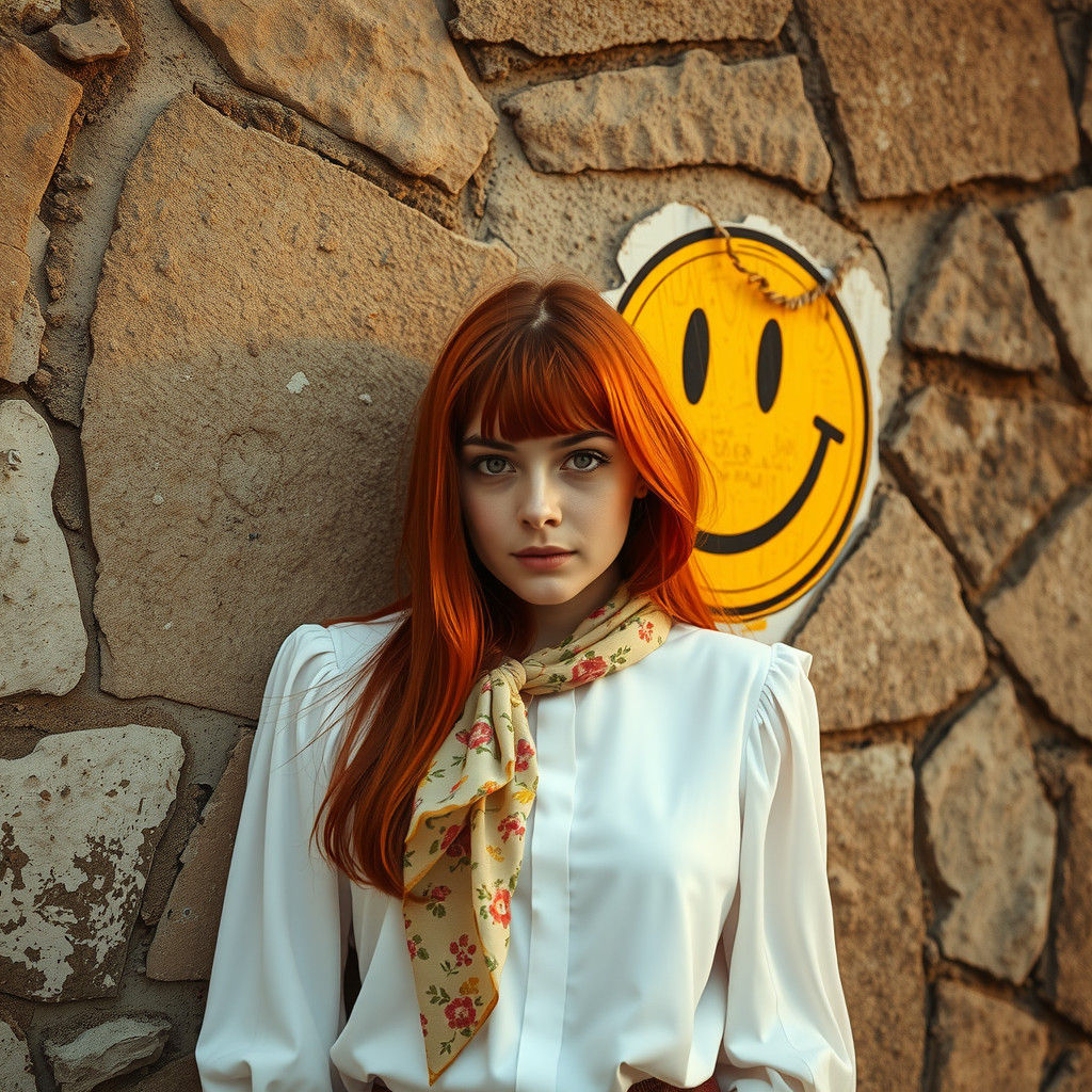 Redhead by Stone Wall with Smiley Face