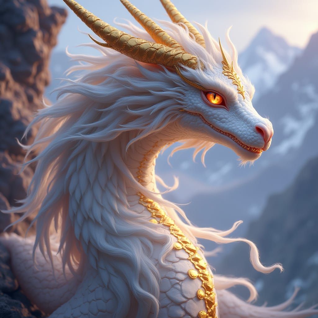 Majestic Dragon Maiden in Dark Fantasy Mountain Landscape