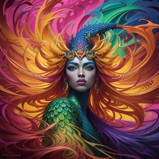 Dragon Peacock Woman in Abstract Fauvism Style