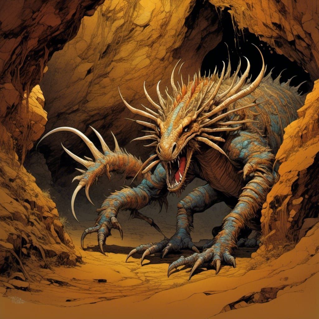 Eerie Furry Monster Emerging from a Dark Cave