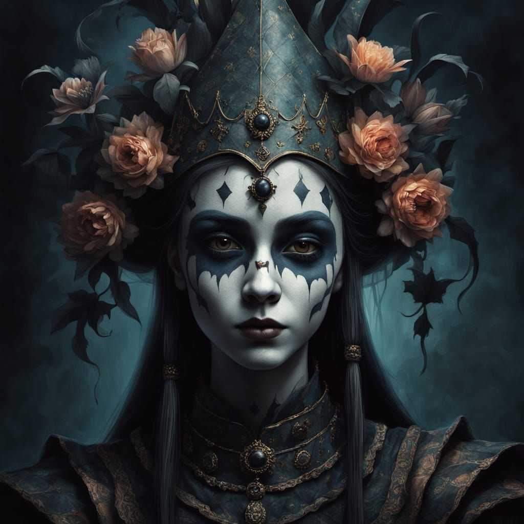Dark Fantasy Female Jester with Gothic Florals