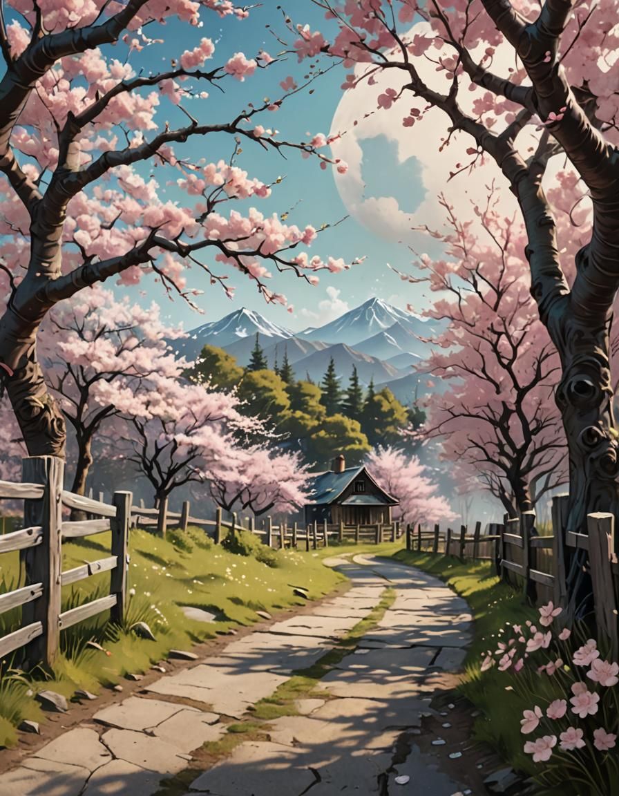 Cherry Blossom Tree on Scrapbook Page, Digital Matte Paintin...