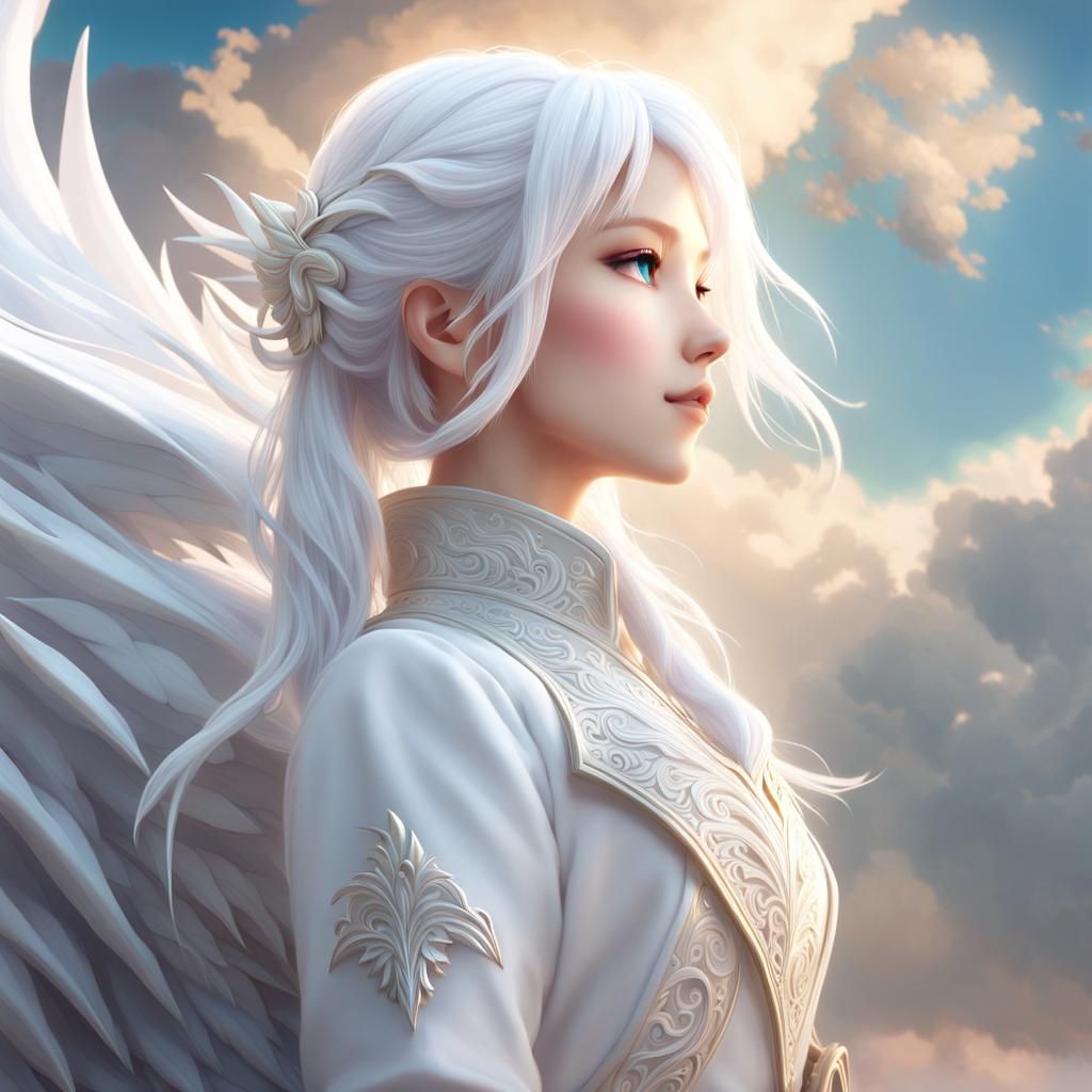 Ethereal Girl Rides White Dragon in Cloudy Skies