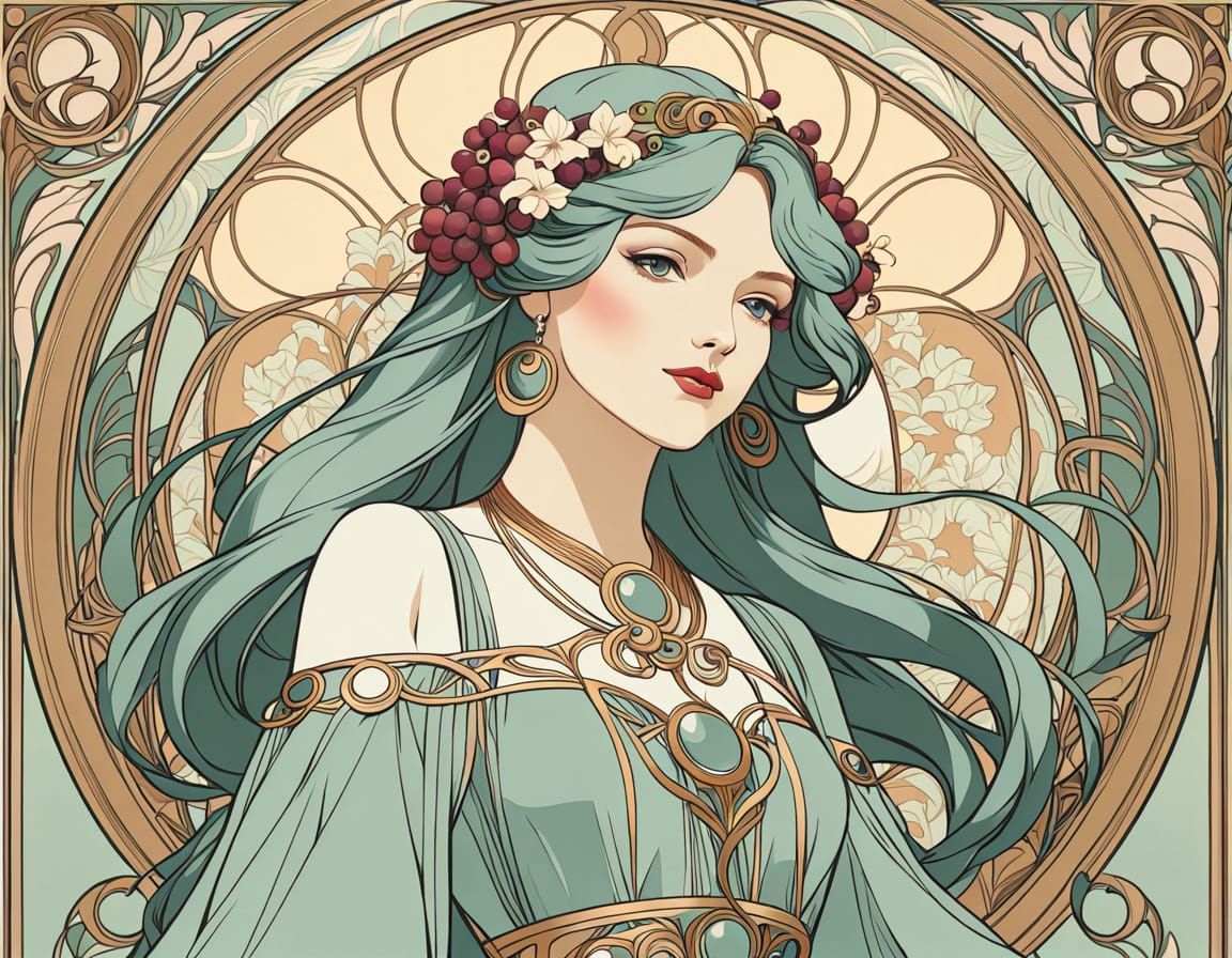 Elegant Art Nouveau Woman with Grapes and Flowers