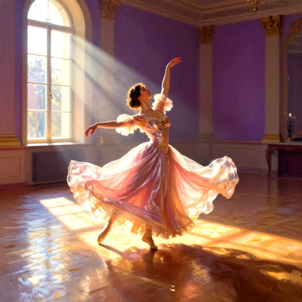 Graceful Dancer in Sunlit Ballroom, Romantic Era Style