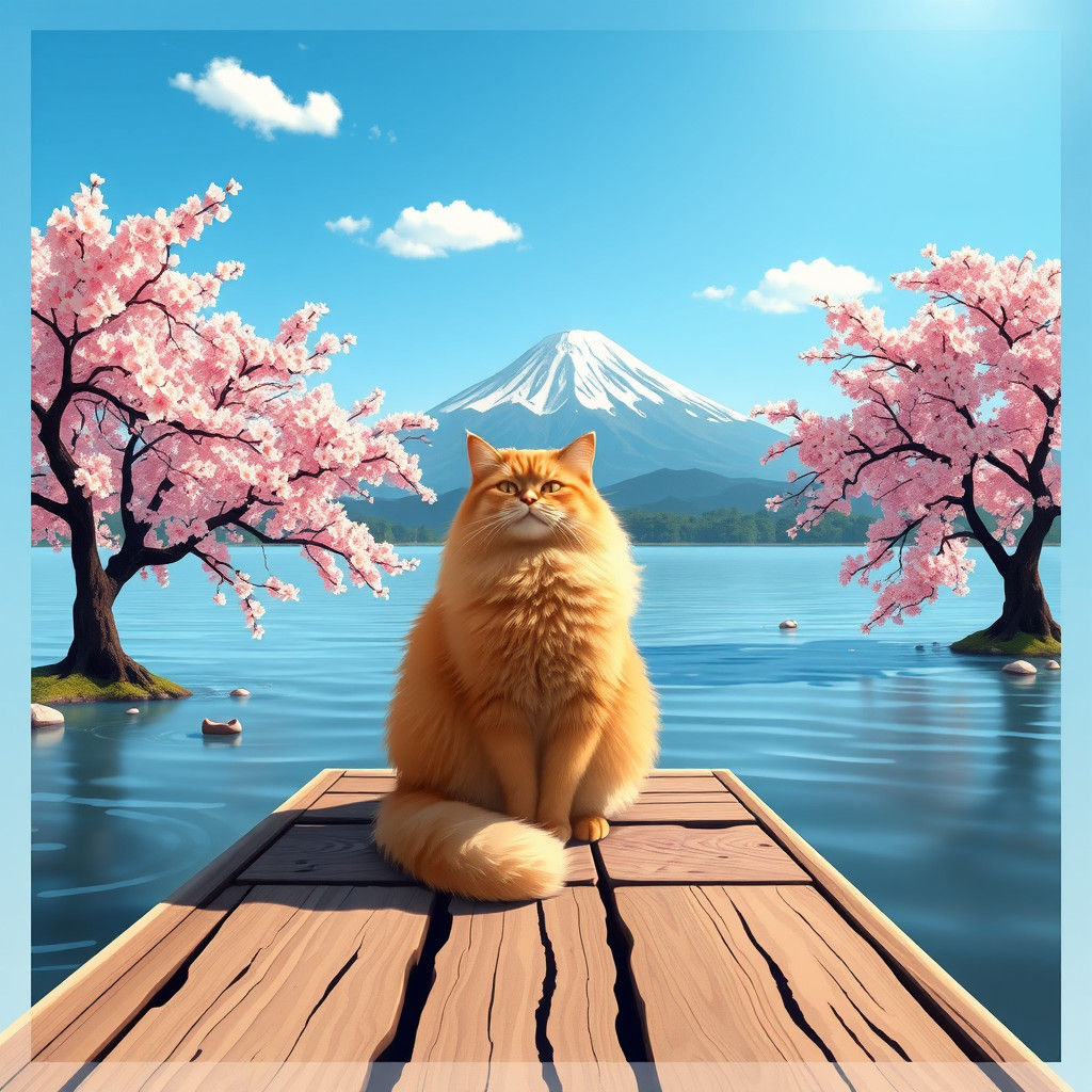 Serene Flat Landscape with Fluffy Cat