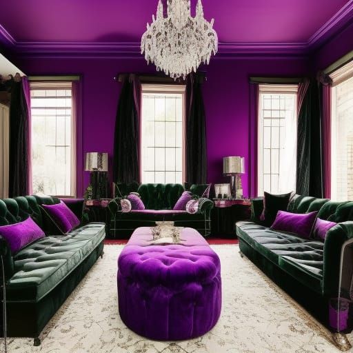 Eclectic eccentric gothic penthouse with purple walls with Black accents& Black Gothic windows with Emerald green curtai...