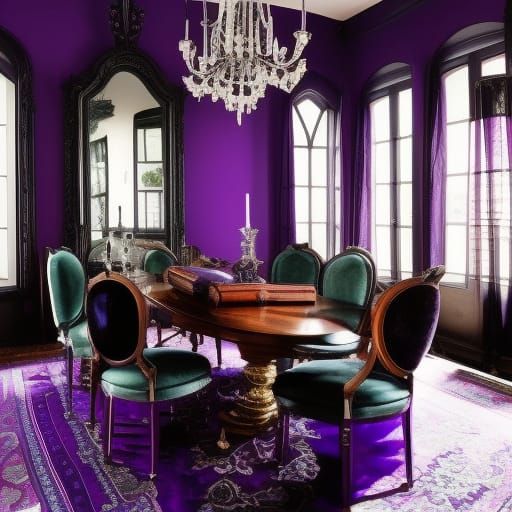 Eclectic eccentric gothic penthouse with purple walls with Black accents& Black Gothic windows with Emerald green curtai...