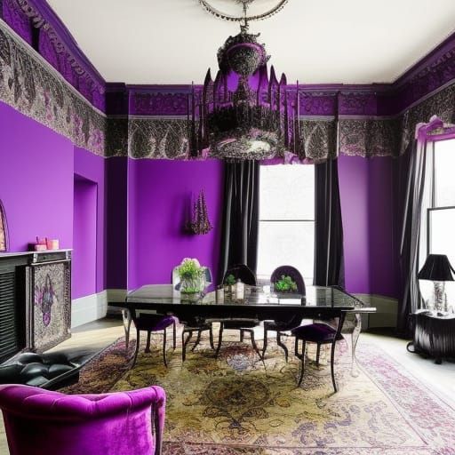 Eclectic eccentric gothic penthouse with purple walls with Black accents& Black Gothic windows with Emerald green curtai...