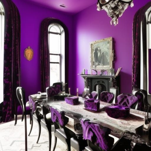 Eclectic eccentric gothic penthouse with purple walls with Black accents& Black Gothic windows with Emerald green curtai...
