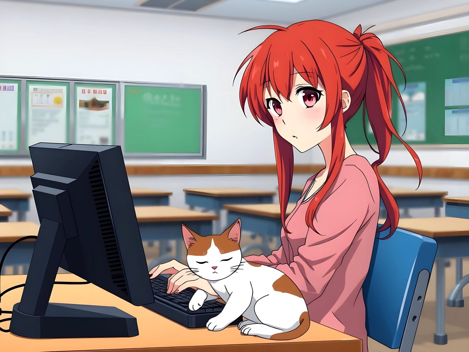 Anime Girl Plays Video Game in Abandoned Classroom