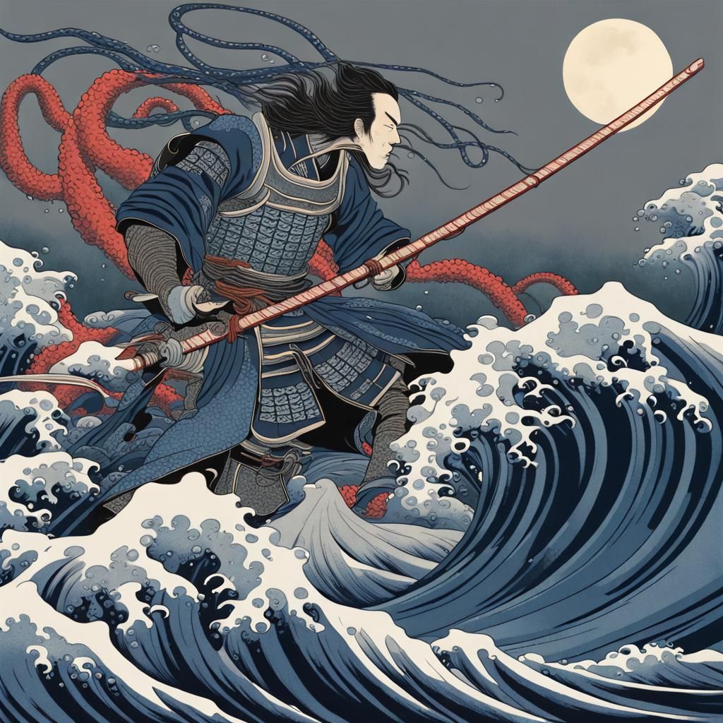 Samurai Battles Squid: Ukiyo-e Woodblock Print